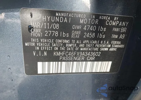 2009 Hyundai Azera Limited z USA, uszkodzony, nr VIN KMHFC46FX9A343602